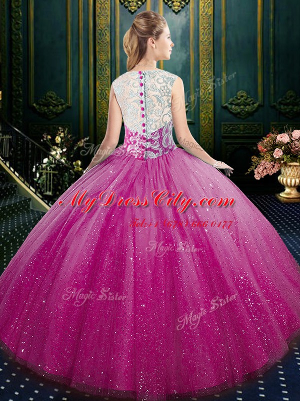 Fuchsia High-neck Zipper Lace Vestidos de Quinceanera Sleeveless