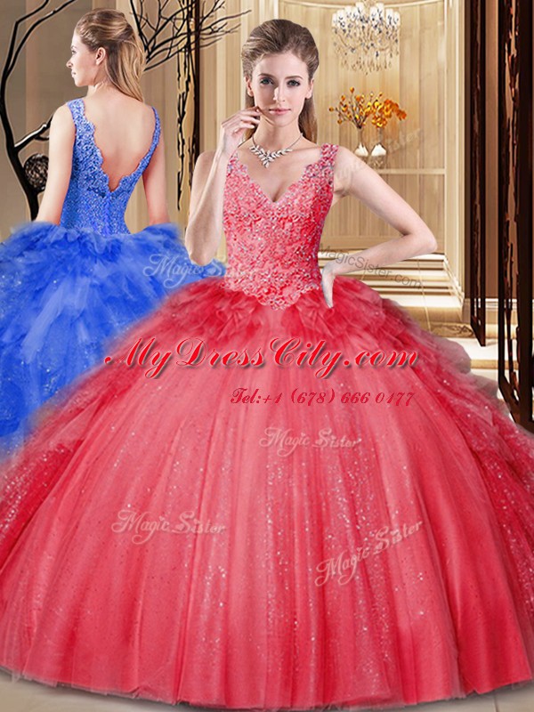 Edgy Red Tulle and Sequined Backless V-neck Sleeveless Floor Length Sweet 16 Dresses Appliques and Sequins and Pick Ups