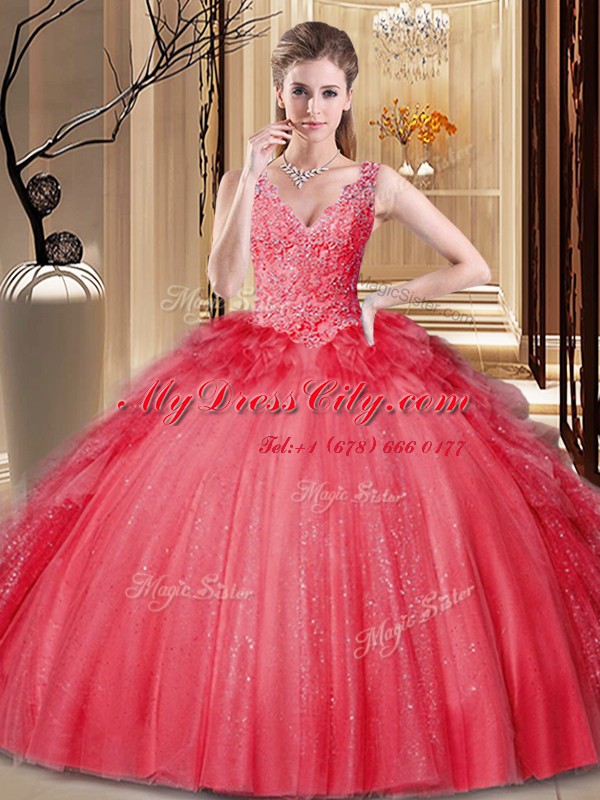 Edgy Red Tulle and Sequined Backless V-neck Sleeveless Floor Length Sweet 16 Dresses Appliques and Sequins and Pick Ups