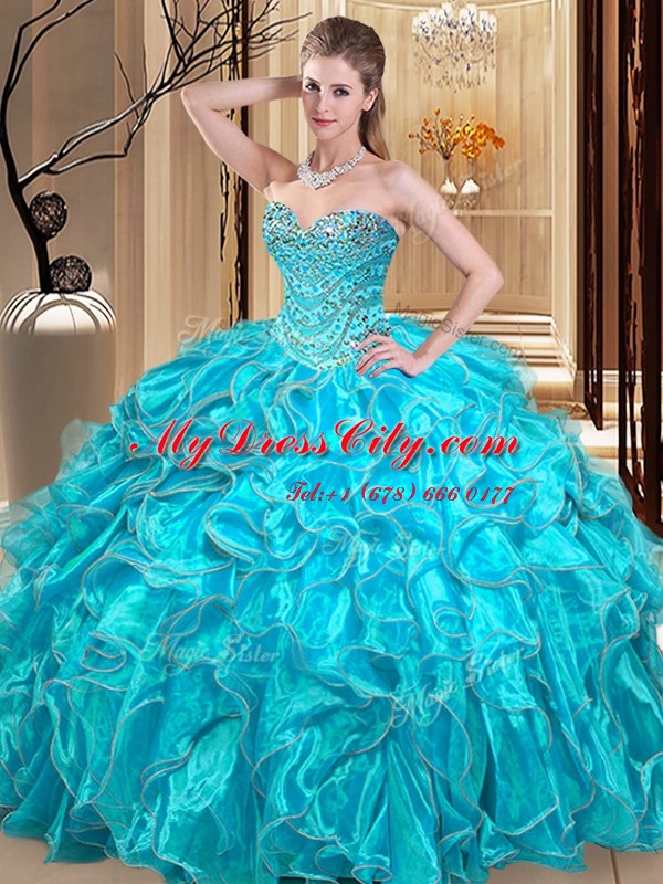 Custom Designed Floor Length Aqua Blue 15th Birthday Dress Sweetheart Sleeveless Lace Up