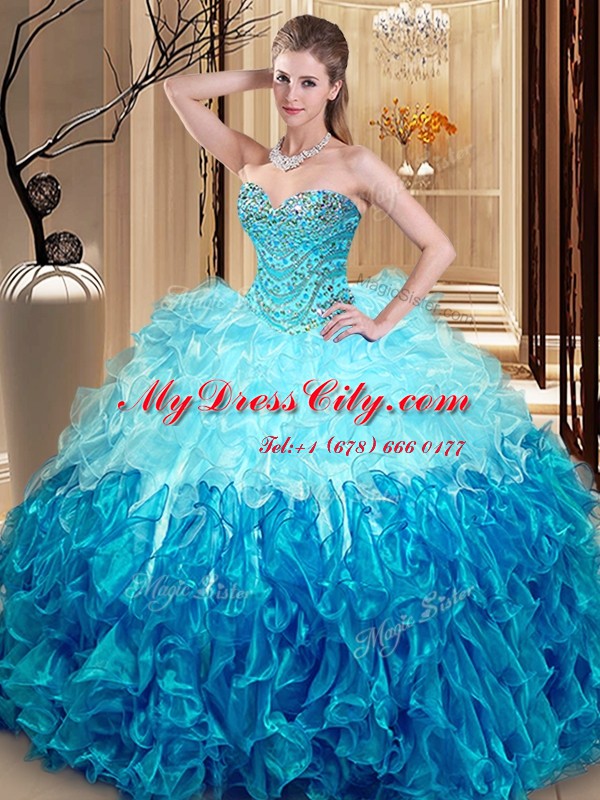 Hot Selling Multi-color Ball Gowns Organza Sweetheart Sleeveless Beading and Ruffles Asymmetrical Lace Up Sweet 16 Dresses