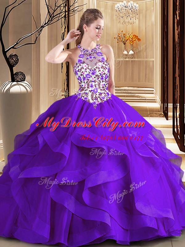 Glamorous Scoop Embroidery Quinceanera Gowns Purple Lace Up Sleeveless Brush Train