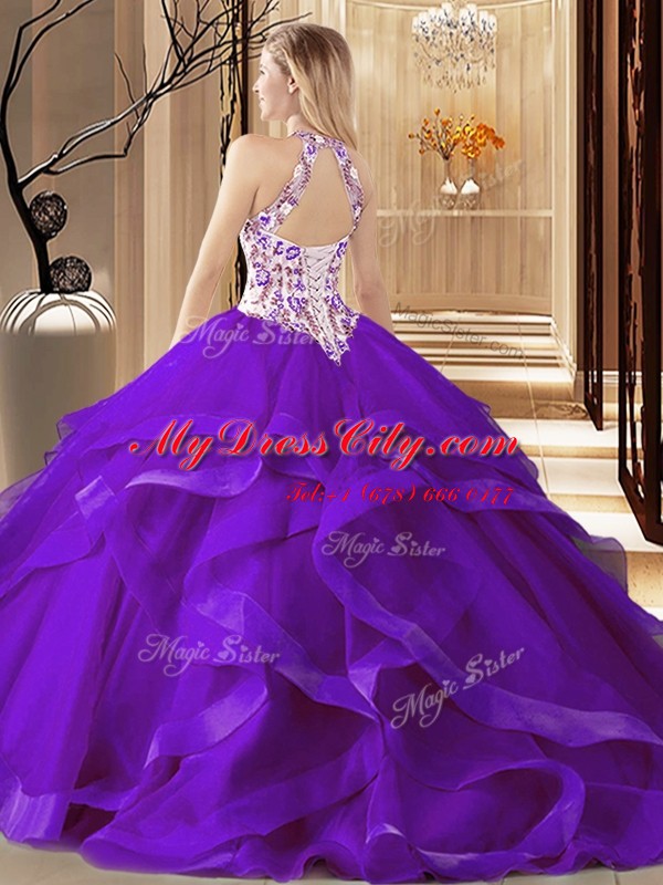 Glamorous Scoop Embroidery Quinceanera Gowns Purple Lace Up Sleeveless Brush Train