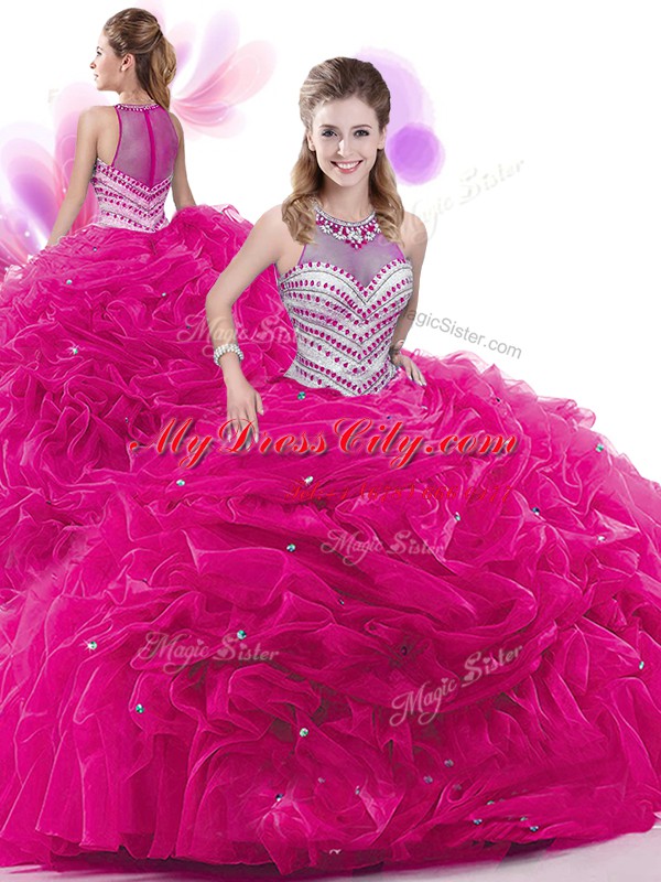 Fashion Sleeveless Ruffles and Pick Ups Zipper Vestidos de Quinceanera with Fuchsia Court Train