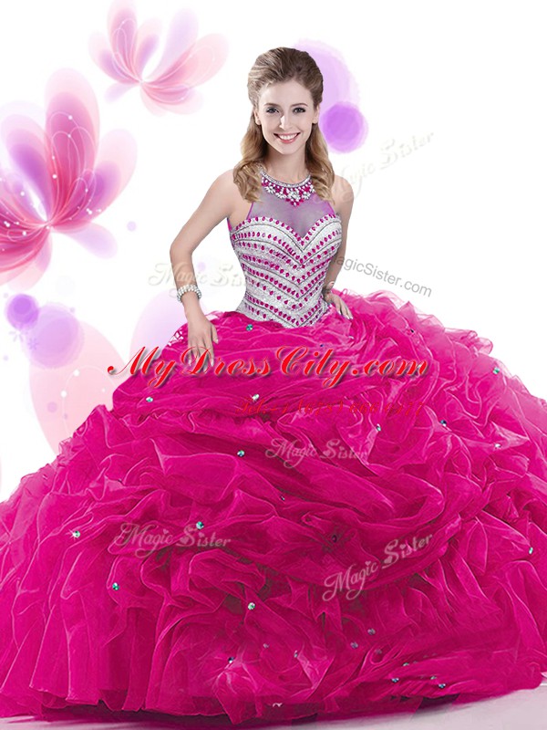 Fashion Sleeveless Ruffles and Pick Ups Zipper Vestidos de Quinceanera with Fuchsia Court Train