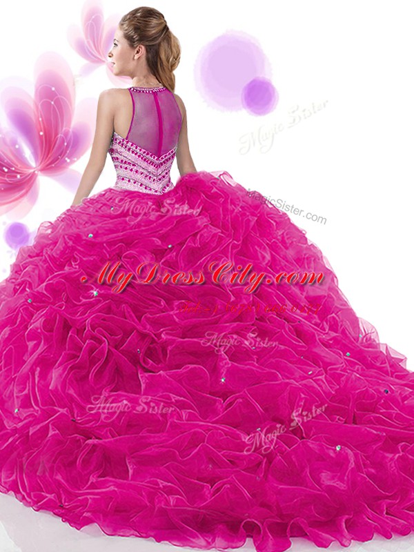 Fashion Sleeveless Ruffles and Pick Ups Zipper Vestidos de Quinceanera with Fuchsia Court Train