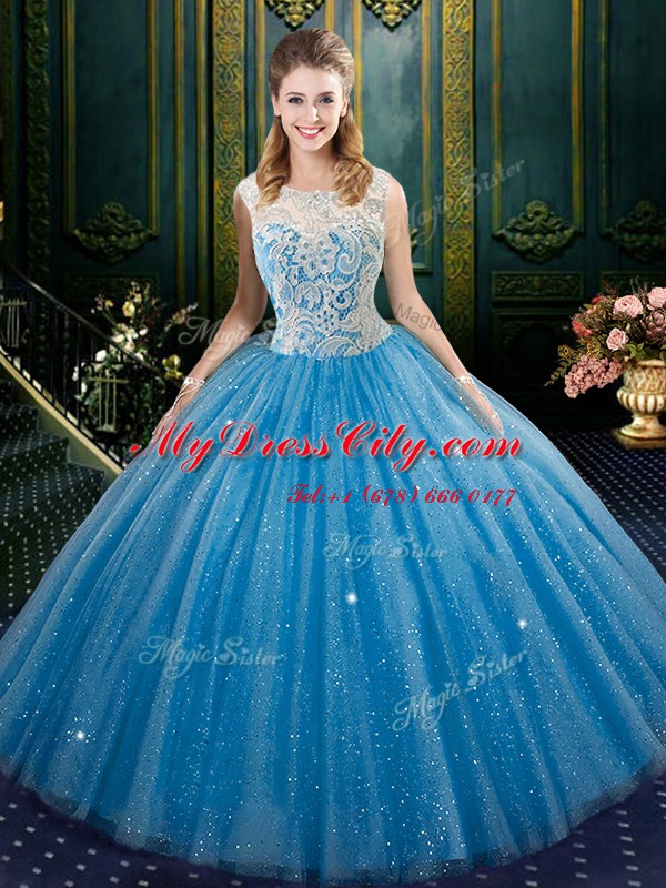 Exquisite Blue Tulle Zipper High-neck Sleeveless Floor Length Quinceanera Gowns Lace