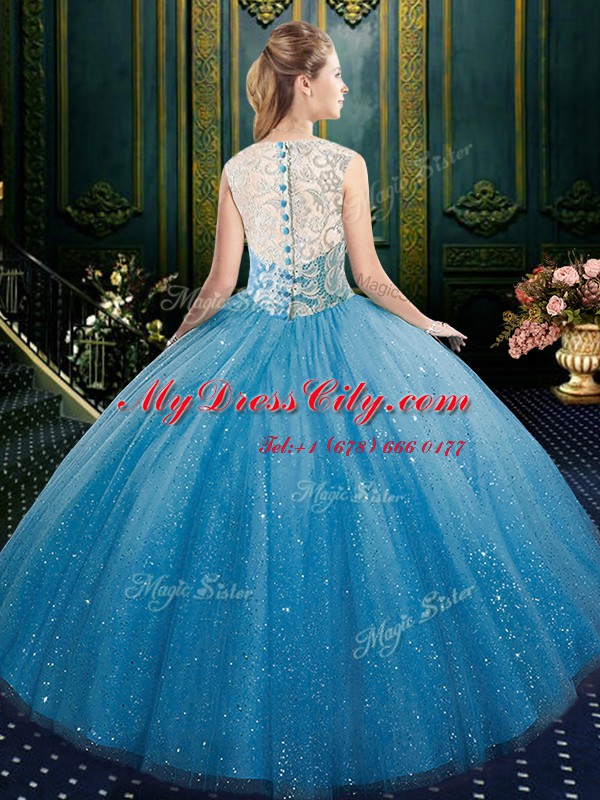 Exquisite Blue Tulle Zipper High-neck Sleeveless Floor Length Quinceanera Gowns Lace