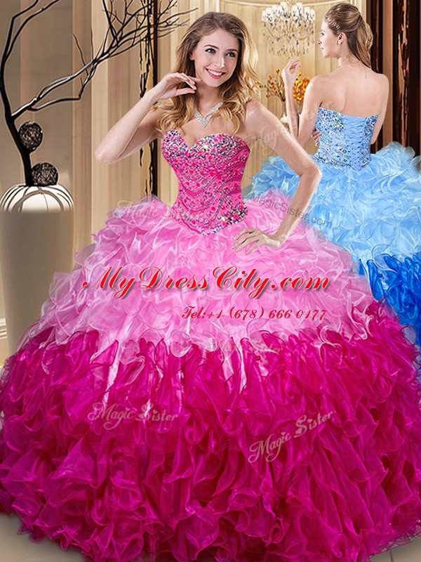 Charming Organza Sleeveless Floor Length 15th Birthday Dress and Beading and Ruffles