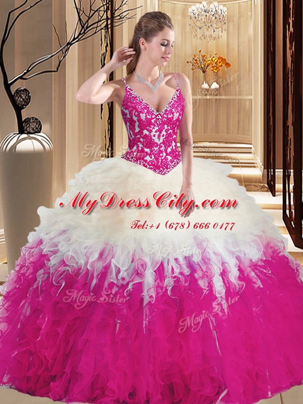 High End Straps Tulle Sleeveless Floor Length Sweet 16 Dress and Lace and Appliques