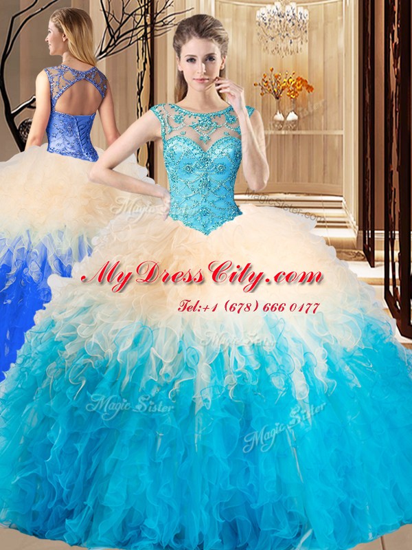 Perfect Multi-color Backless High-neck Beading and Ruffles Sweet 16 Dresses Tulle Sleeveless