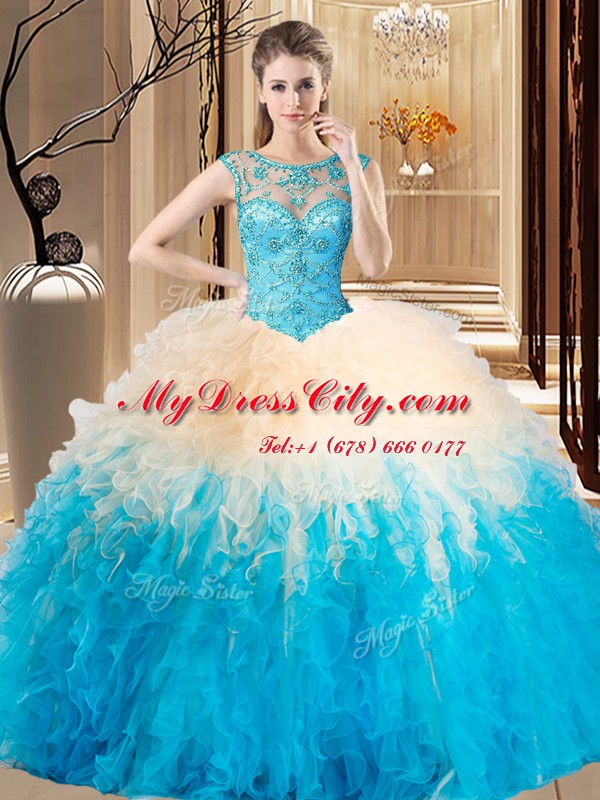 Perfect Multi-color Backless High-neck Beading and Ruffles Sweet 16 Dresses Tulle Sleeveless