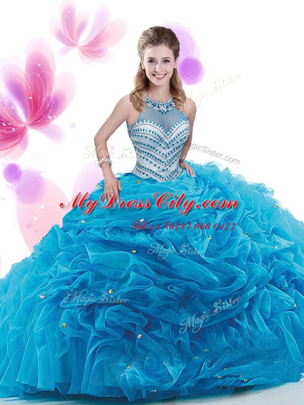 Fantastic Ruffles 15th Birthday Dress Baby Blue Zipper Sleeveless Court Train