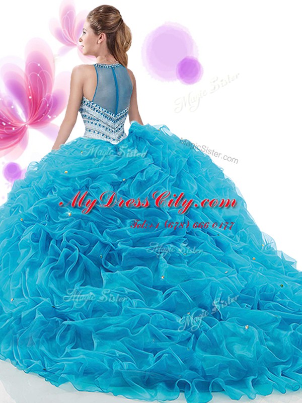 Fantastic Ruffles 15th Birthday Dress Baby Blue Zipper Sleeveless Court Train