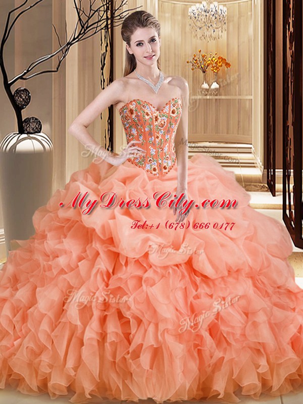 Charming Orange Organza Lace Up Sweet 16 Dress Sleeveless Brush Train Beading and Embroidery and Ruffles