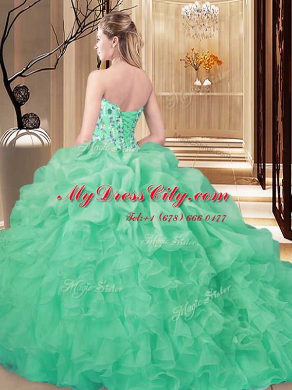 Charming Orange Organza Lace Up Sweet 16 Dress Sleeveless Brush Train Beading and Embroidery and Ruffles