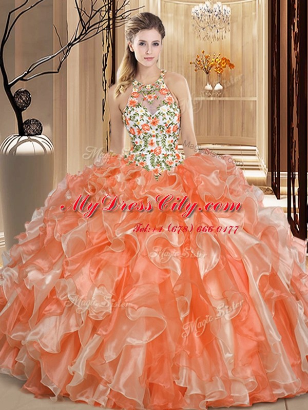 Orange Ball Gowns Scoop Sleeveless Organza Floor Length Backless Embroidery and Ruffles Sweet 16 Quinceanera Dress