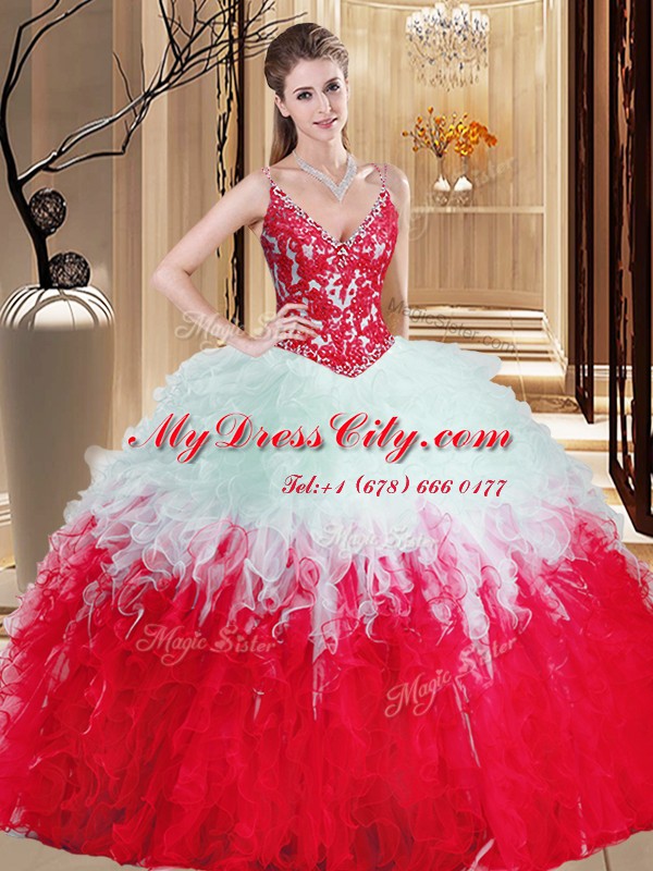 Latest Straps White And Red Lace Up Sweet 16 Quinceanera Dress Appliques and Ruffles Sleeveless Floor Length