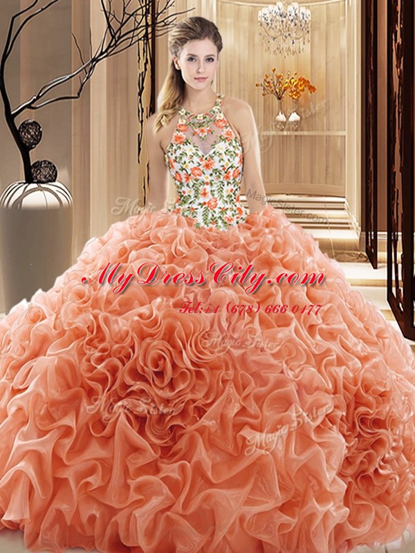 Backless High-neck Sleeveless 15th Birthday Dress Court Train Embroidery and Ruffles Peach Organza