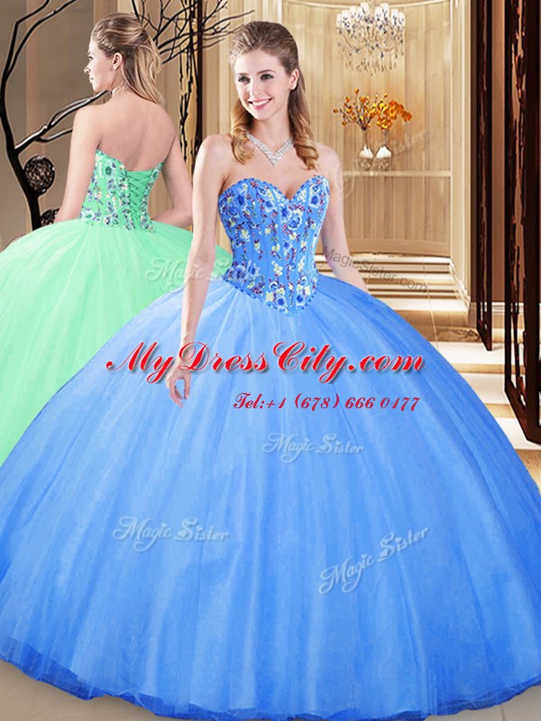 Great Sleeveless Floor Length Embroidery Lace Up Quinceanera Dress with Blue