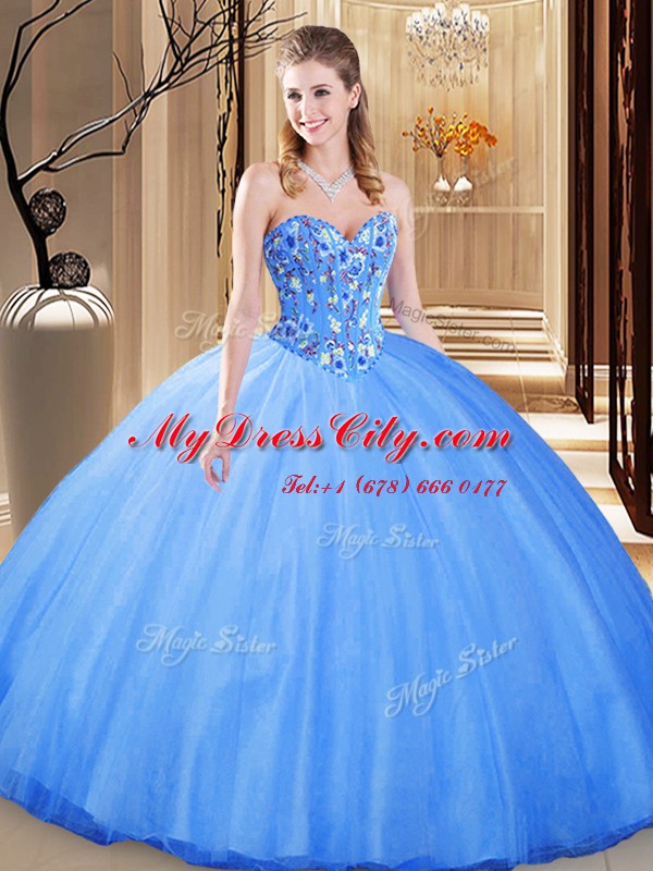 Great Sleeveless Floor Length Embroidery Lace Up Quinceanera Dress with Blue