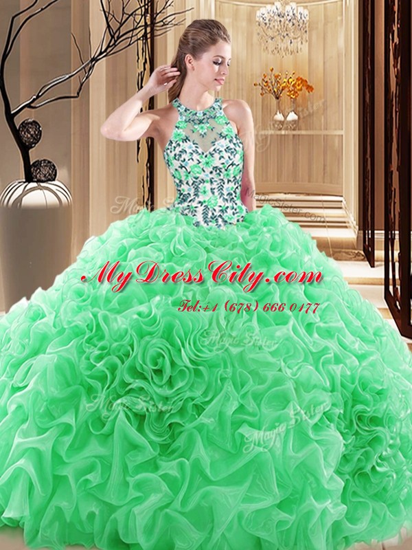 Ball Gowns High-neck Sleeveless Organza Brush Train Backless Embroidery and Ruffles Sweet 16 Dress