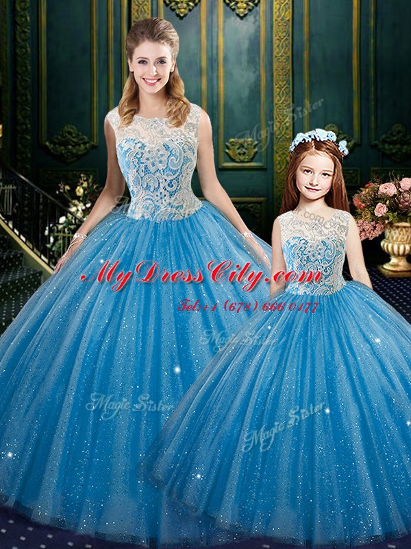 Fitting Floor Length Ball Gowns Sleeveless Baby Blue Quinceanera Gowns Lace Up