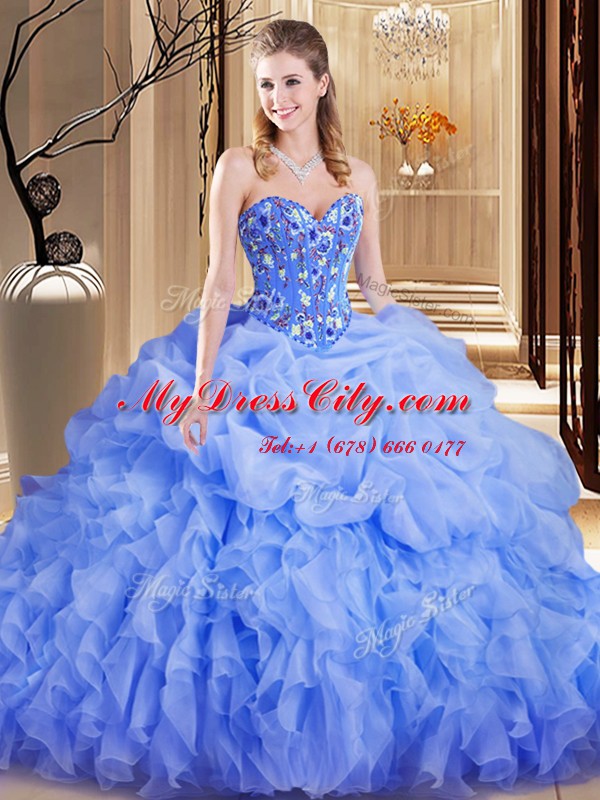 Extravagant Lavender Lace Up Ball Gown Prom Dress Embroidery and Ruffles and Pick Ups Sleeveless Brush Train