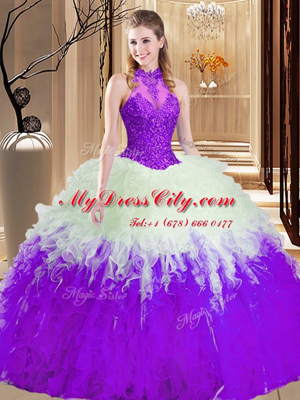 Floor Length Ball Gowns Sleeveless White And Purple Vestidos de Quinceanera Lace Up