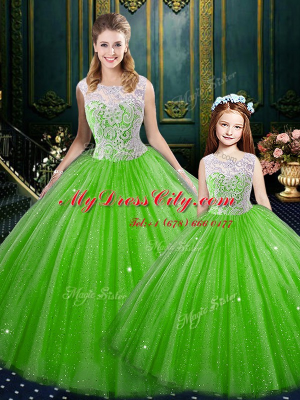 Extravagant Sleeveless Tulle Floor Length Lace Up 15th Birthday Dress in with Lace