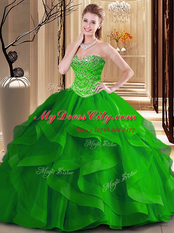 Cute Sleeveless Tulle Floor Length Lace Up Quinceanera Dresses in Green with Beading and Ruffles