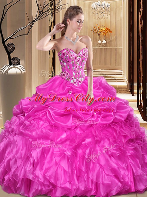 Pretty Sweetheart Sleeveless Organza Quinceanera Gowns Embroidery and Ruffles Lace Up