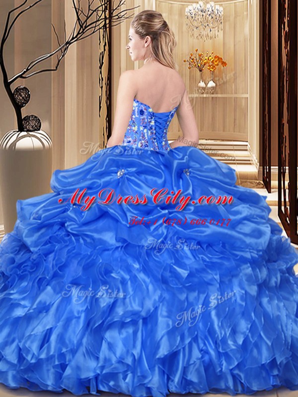 Pretty Sweetheart Sleeveless Organza Quinceanera Gowns Embroidery and Ruffles Lace Up