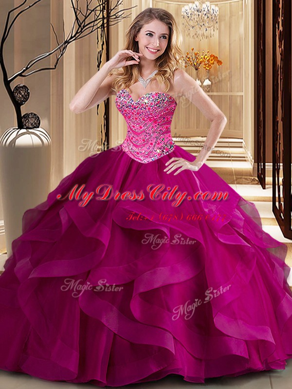 Edgy Fuchsia Sleeveless Beading and Ruffles Floor Length Sweet 16 Quinceanera Dress