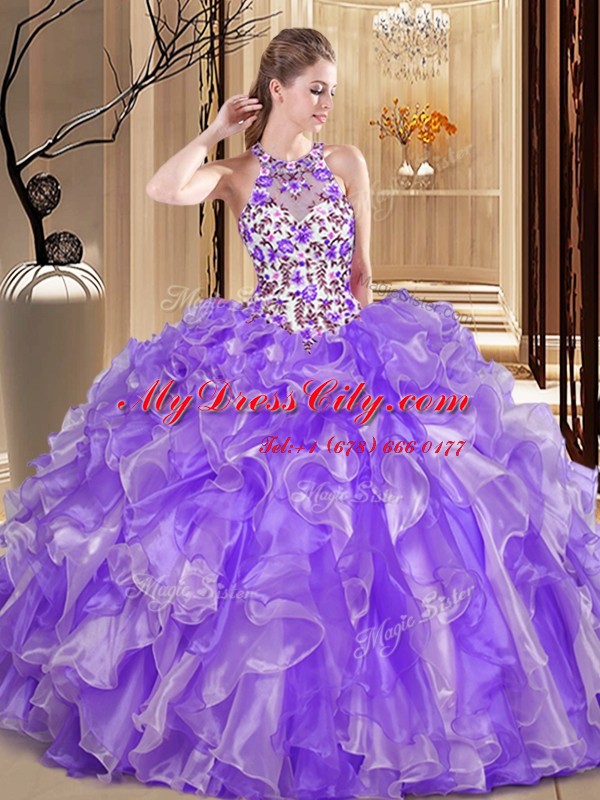 Adorable Scoop Backless Lavender Sleeveless Embroidery and Ruffles Floor Length Quince Ball Gowns