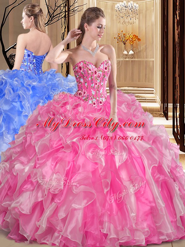 Custom Fit Rose Pink Ball Gowns Embroidery and Ruffles Vestidos de Quinceanera Lace Up Organza Sleeveless Floor Length