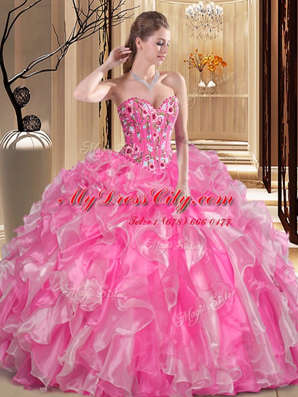 Custom Fit Rose Pink Ball Gowns Embroidery and Ruffles Vestidos de Quinceanera Lace Up Organza Sleeveless Floor Length