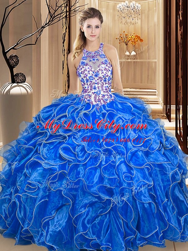 Low Price Scoop Royal Blue Sleeveless Floor Length Embroidery and Ruffles Backless 15 Quinceanera Dress