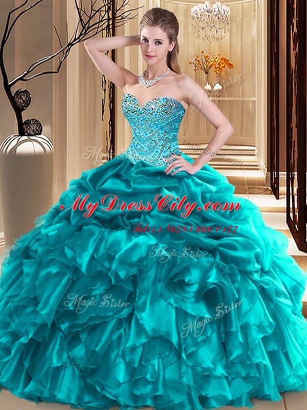 Luxury Sweetheart Sleeveless Sweet 16 Dress Floor Length Beading and Pick Ups Teal Organza