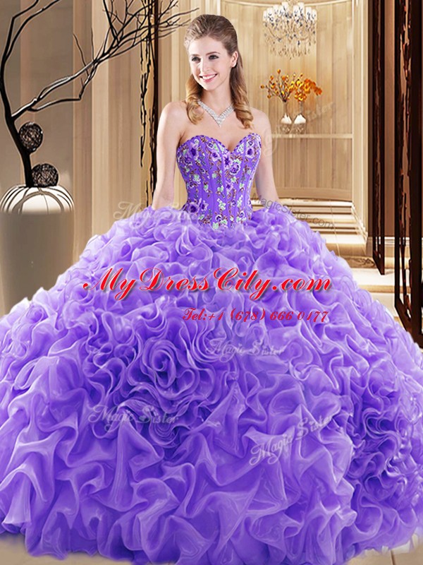 Best Lavender Ball Gowns Sweetheart Sleeveless Fabric With Rolling Flowers Court Train Lace Up Embroidery and Ruffles and Pick Ups 15 Quinceanera Dress