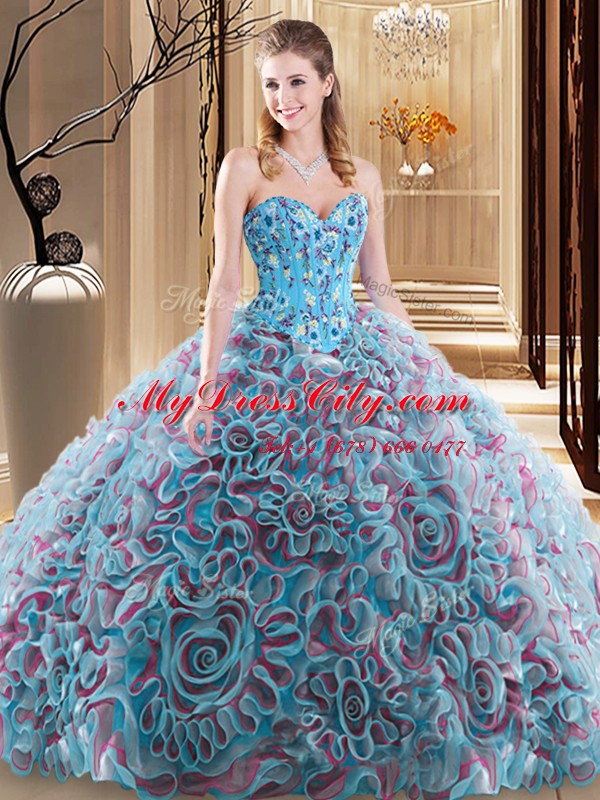 Discount Embroidery and Ruffles Ball Gown Prom Dress Multi-color Lace Up Sleeveless With Brush Train