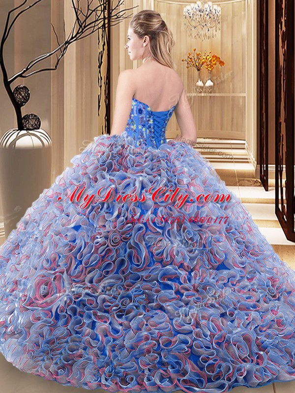 Discount Embroidery and Ruffles Ball Gown Prom Dress Multi-color Lace Up Sleeveless With Brush Train