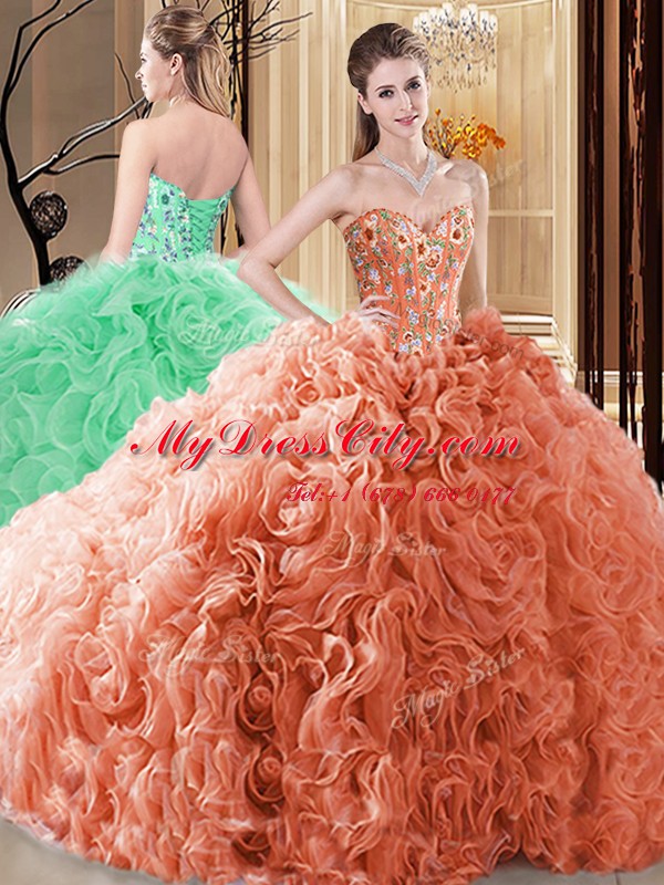 Classical Sweetheart Sleeveless Fabric With Rolling Flowers Sweet 16 Dresses Embroidery and Ruffles Lace Up