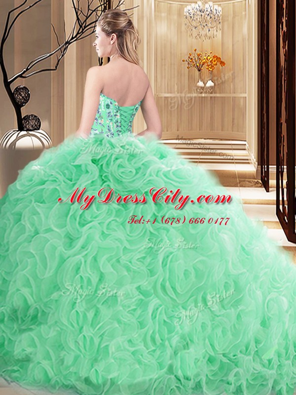 Classical Sweetheart Sleeveless Fabric With Rolling Flowers Sweet 16 Dresses Embroidery and Ruffles Lace Up