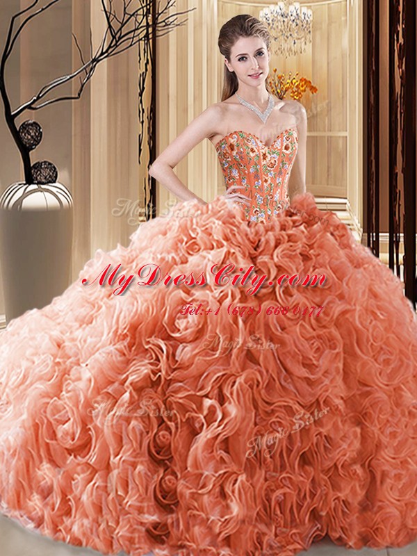 Classical Sweetheart Sleeveless Fabric With Rolling Flowers Sweet 16 Dresses Embroidery and Ruffles Lace Up