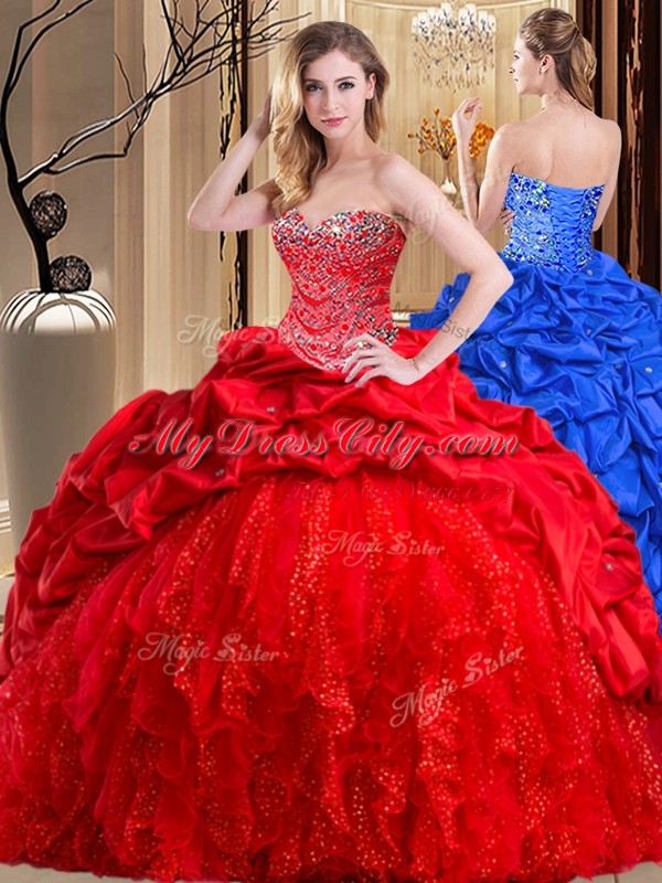 Exquisite Red Sleeveless Taffeta and Tulle Brush Train Lace Up 15th Birthday Dress for Military Ball and Sweet 16 and Quinceanera