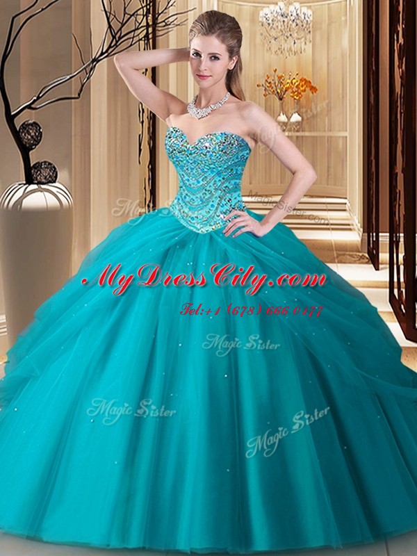 Stunning Teal Sleeveless Floor Length Beading Lace Up Ball Gown Prom Dress