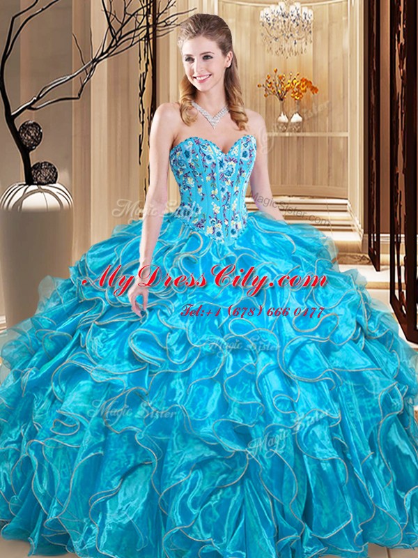 Embroidery and Ruffles Sweet 16 Dress Teal Lace Up Sleeveless Floor Length