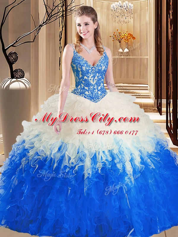 Sumptuous Tulle Straps Sleeveless Lace Up Lace and Ruffles Ball Gown Prom Dress in Blue And White