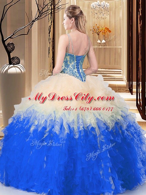 Sumptuous Tulle Straps Sleeveless Lace Up Lace and Ruffles Ball Gown Prom Dress in Blue And White